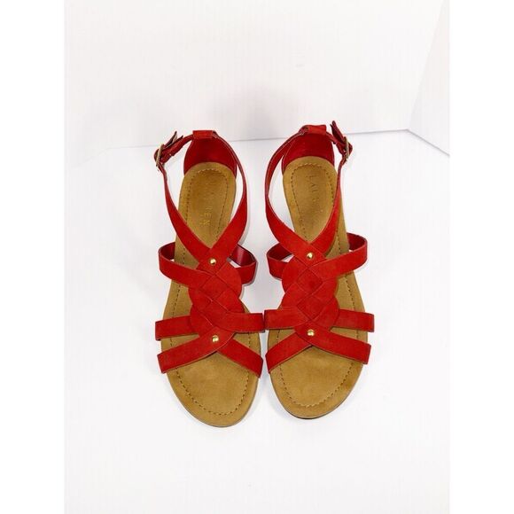 Ralph Lauren Demi Wedge Sandal Red Leather Strappy Gold Buckle Comfort 9.5 B - Picture 3 of 16